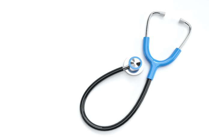3d Render Realistic Medical Stethoscope on Color Background.