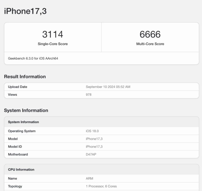 1 ผลการทดสอบชิป A18 บน iPhone16 ครั้งแรก